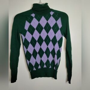 J. Crew (Size S) Dark Green & Lavender Argyle Pattern Turtleneck LS Cozy Sweater